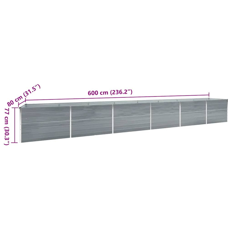 vidaXL Garden Raised Bed Galvanised Steel 600x80x77 cm Grey