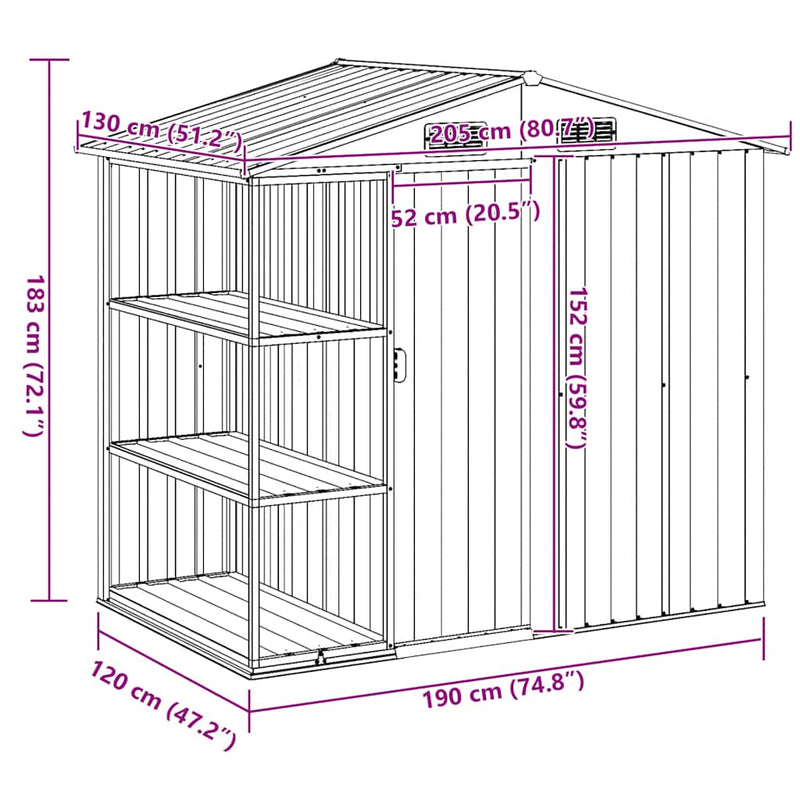 vidaXL Garden Shed with Rack Grey 205x130x183 cm Iron