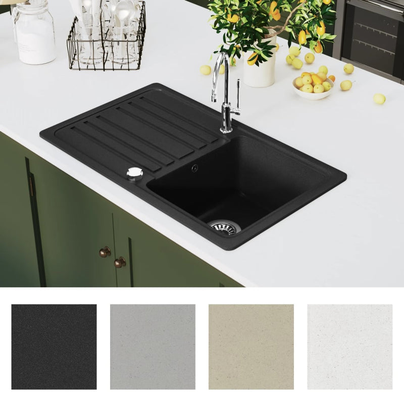 vidaXL Granite Kitchen Sink Single Basin with Drainer Reversible Black
