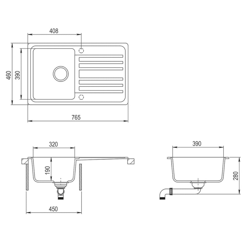 vidaXL Granite Kitchen Sink Single Basin with Drainer Reversible Black
