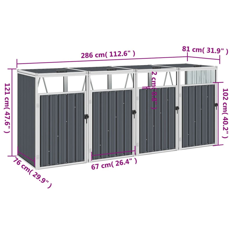 vidaXL Quadruple Garbage Bin Shed Grey 286x81x121 cm Steel