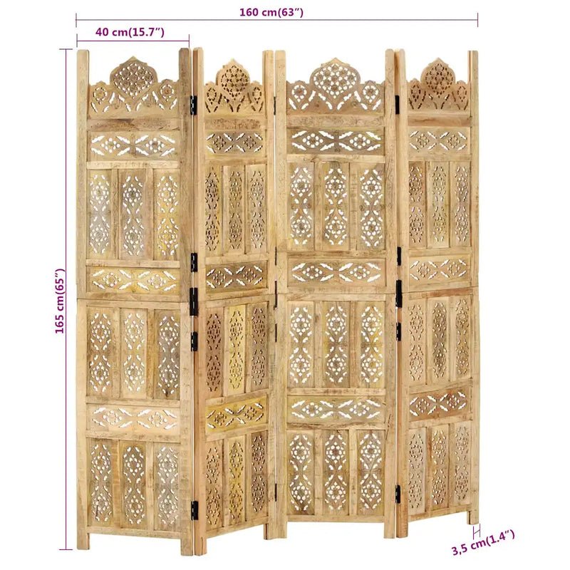Hand Carved 4-Panel Room Divider 160x165 cm Solid Mango Wood