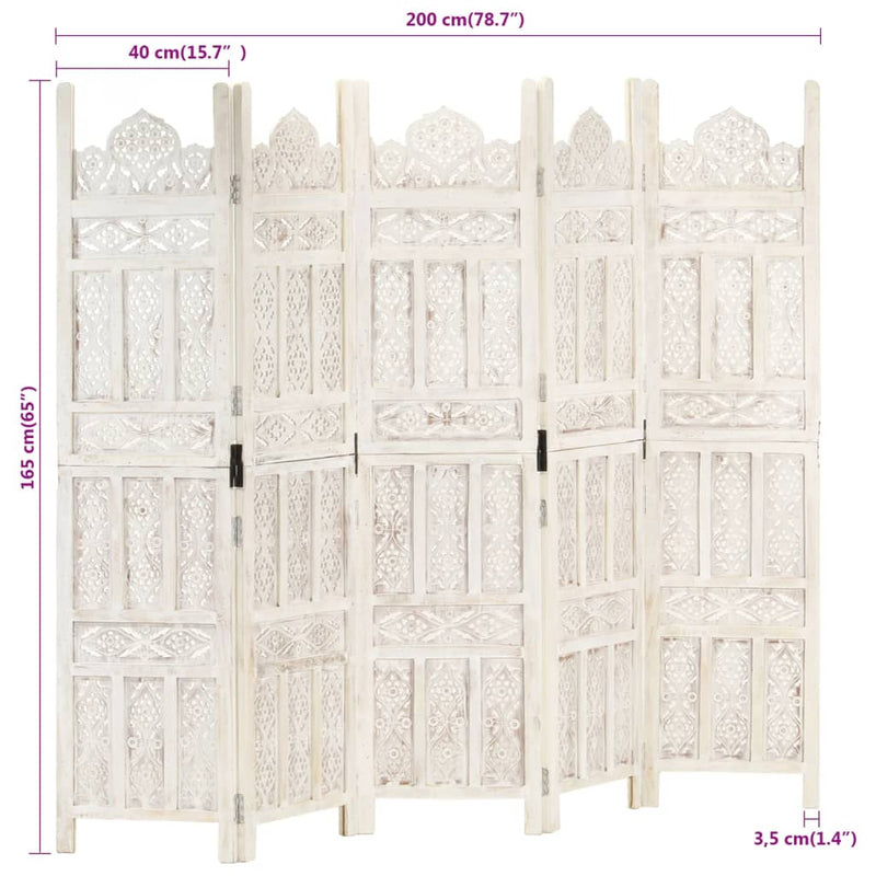 vidaXL Hand carved 5-Panel Room Divider White 200x165 cm Solid Mango Wood
