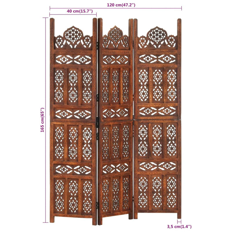 Hand Carved 3-Panel Room Divider Brown 120x165 cm Solid Mango Wood