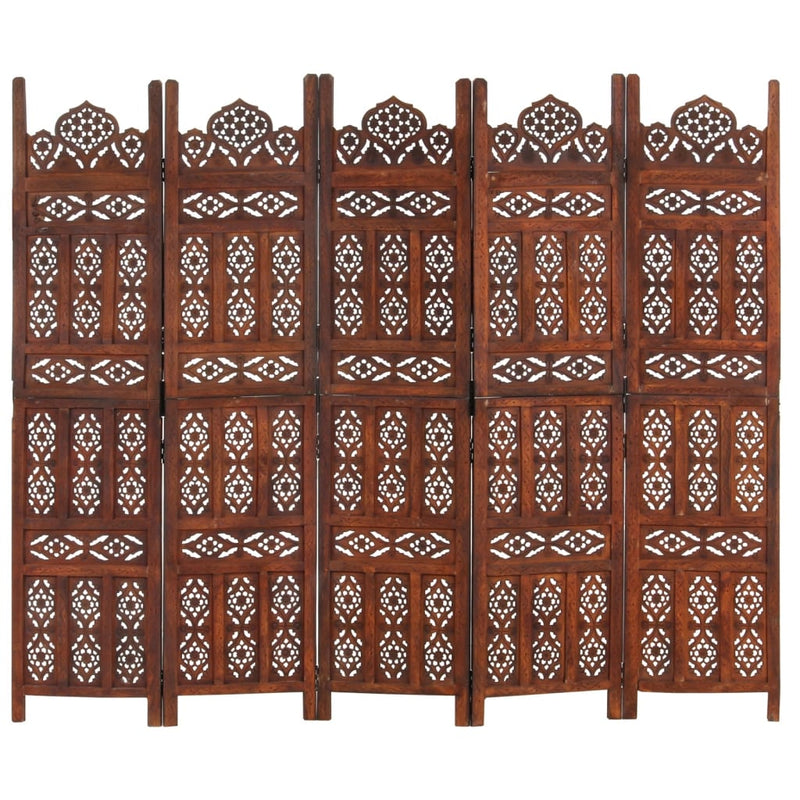 vidaXL Hand carved 5-Panel Room Divider Brown 200x165 cm Solid Mango Wood