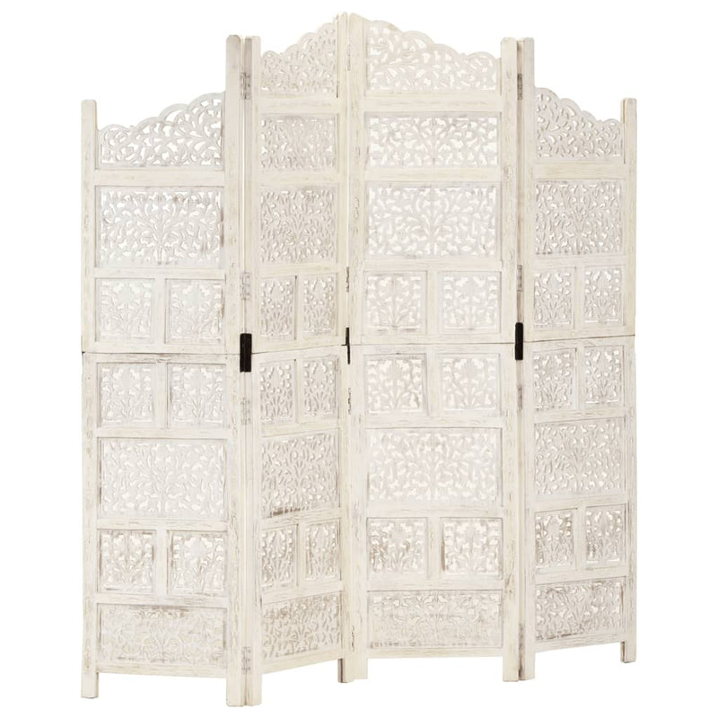vidaXL Hand carved 4-Panel Room Divider White 160x165 cm Solid Mango Wood
