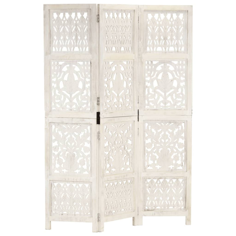 vidaXL Hand Carved 3-Panel Room Divider White 120x165 cm Solid Mango Wood