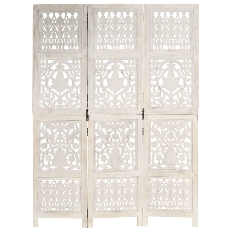 vidaXL Hand Carved 3-Panel Room Divider White 120x165 cm Solid Mango Wood