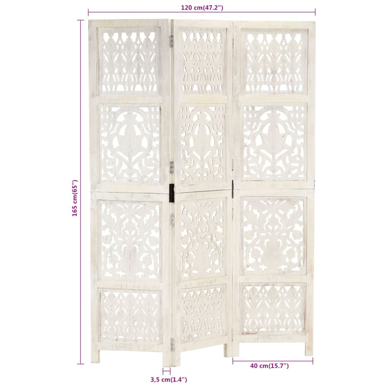 vidaXL Hand Carved 3-Panel Room Divider White 120x165 cm Solid Mango Wood