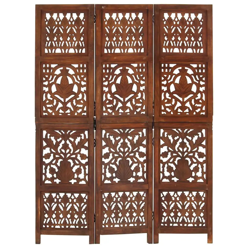 Hand Carved 3-Panel Room Divider Brown 120x165 cm