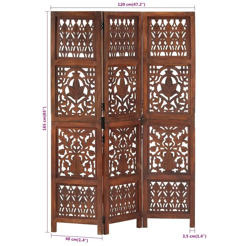 Hand Carved 3-Panel Room Divider Brown 120x165 cm