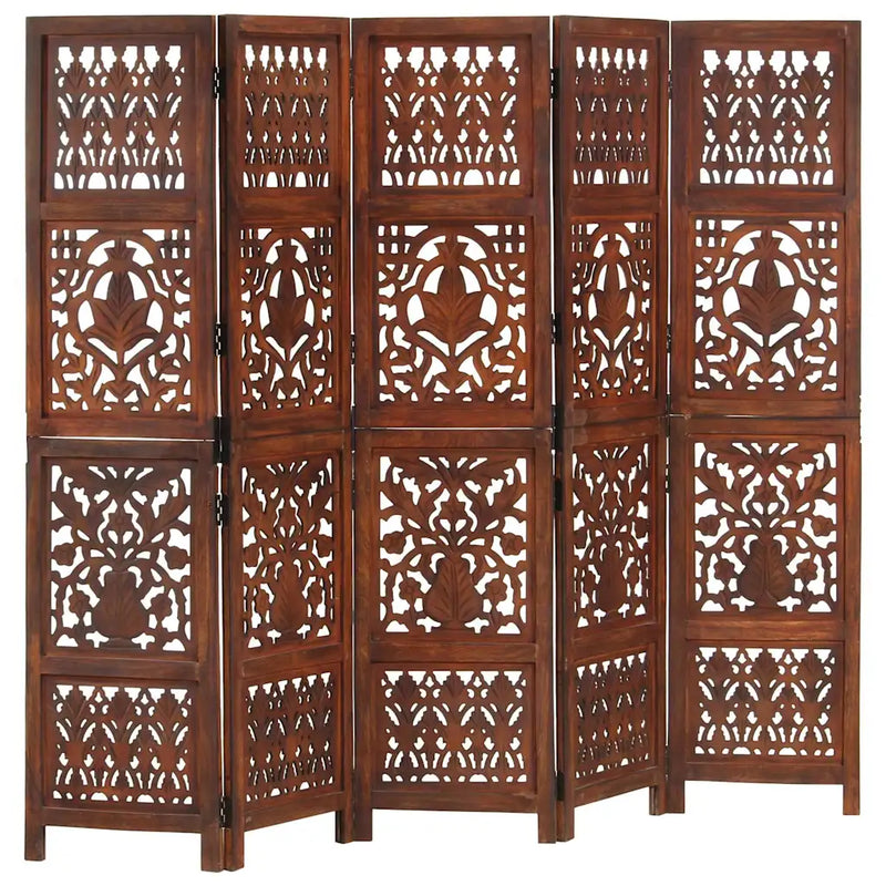 Hand Carved 5-Panel Room Divider Brown 200x165 cm