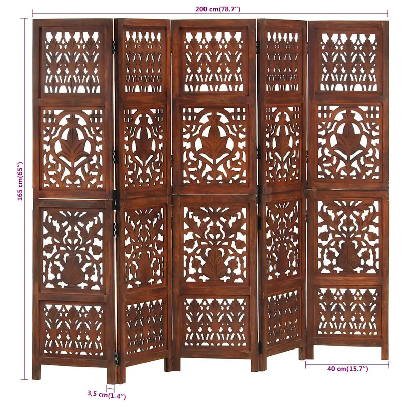 Hand Carved 5-Panel Room Divider Brown 200x165 cm