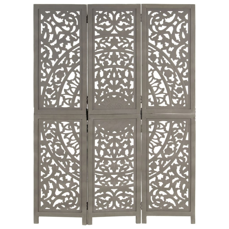 vidaXL Hand carved 3-Panel Room Divider Grey 120x165 cm Solid Mango Wood