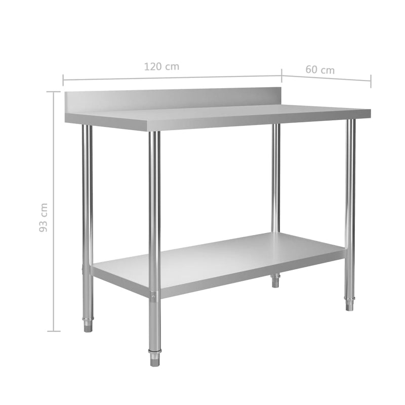 vidaXL Kitchen Work Table with Backsplash 120x60x93 cm Stainless Steel