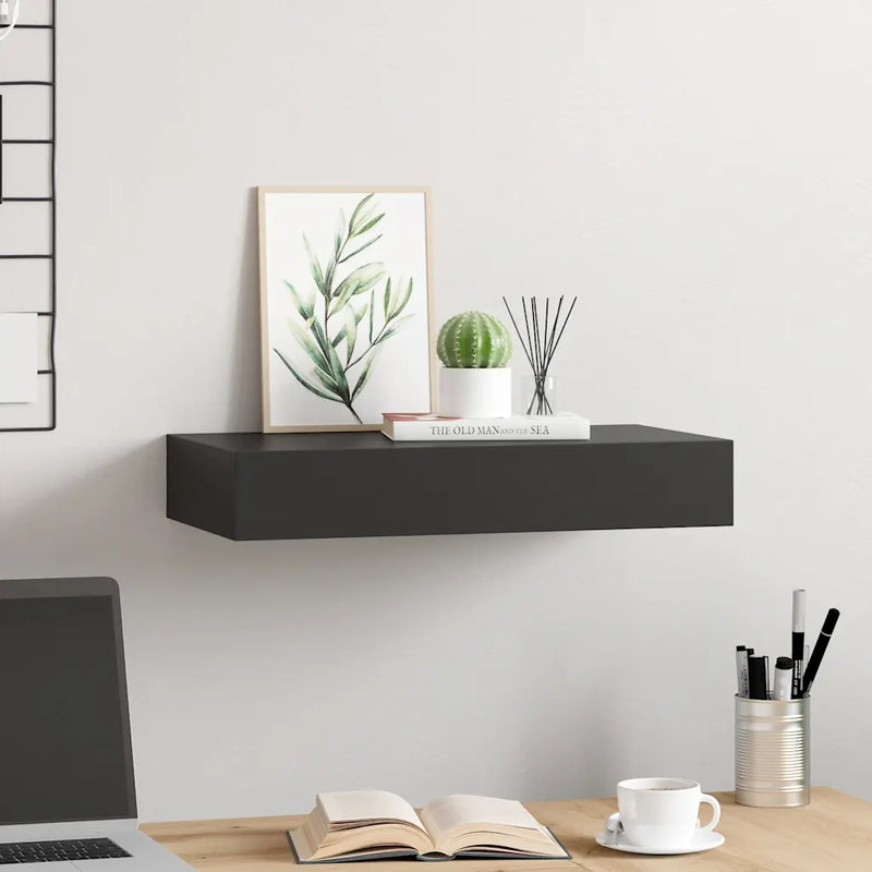 Floating Wall Shelf with Drawer Black 48x25x8 cm