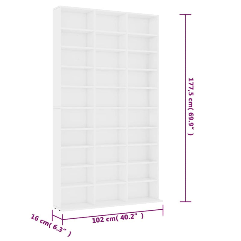 vidaXL CD Cabinet White 102x16x177.5 cm Engineered Wood