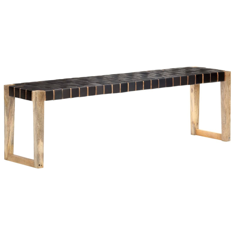 Bench 150 cm Black Real Leather and Solid Mango Wood