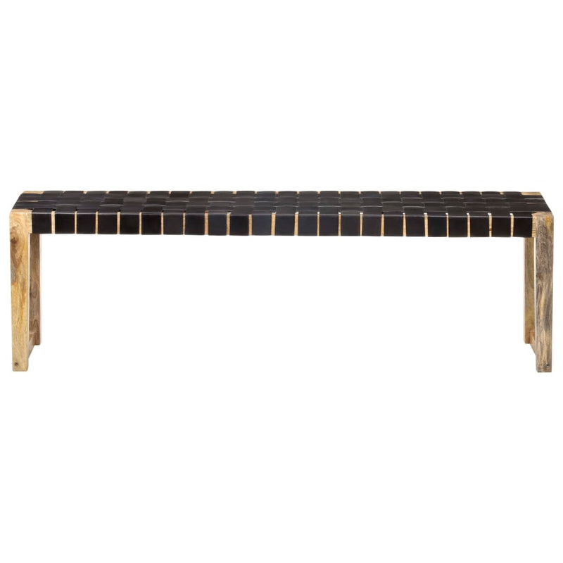 Bench 150 cm Black Real Leather and Solid Mango Wood