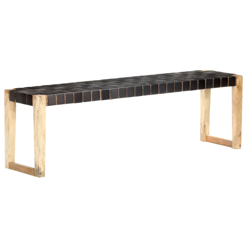 Bench 150 cm Black Real Leather and Solid Mango Wood