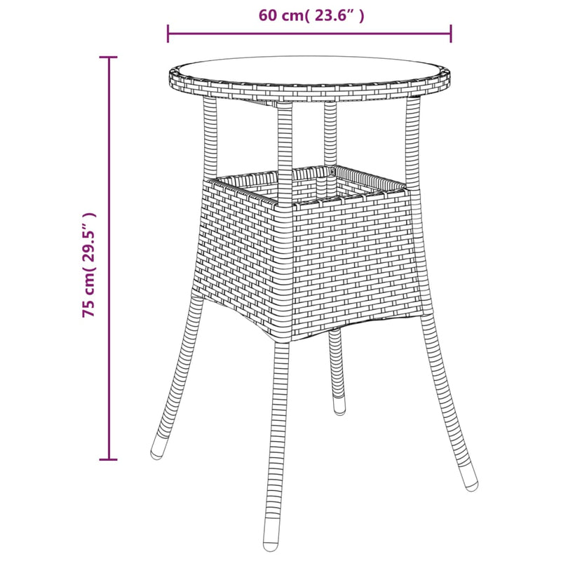 vidaXL Garden Table Ø60x75 cm Tempered Glass and Poly Rattan Brown