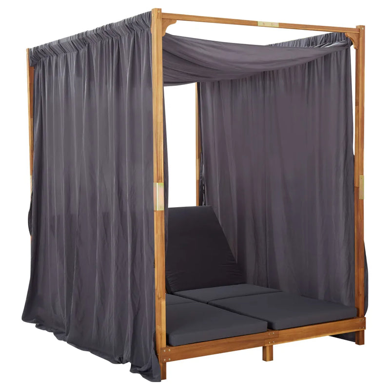 Double Sun Lounger with Curtains & Cushions Solid Acacia Wood