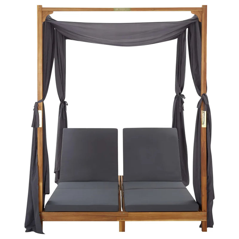 Double Sun Lounger with Curtains & Cushions Solid Acacia Wood