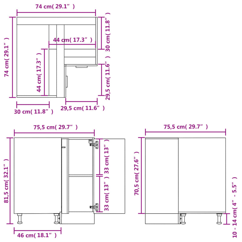 vidaXL Corner Bottom Cabinet Lyon White 75.5x75.5x81.5 cm Engineered Wood