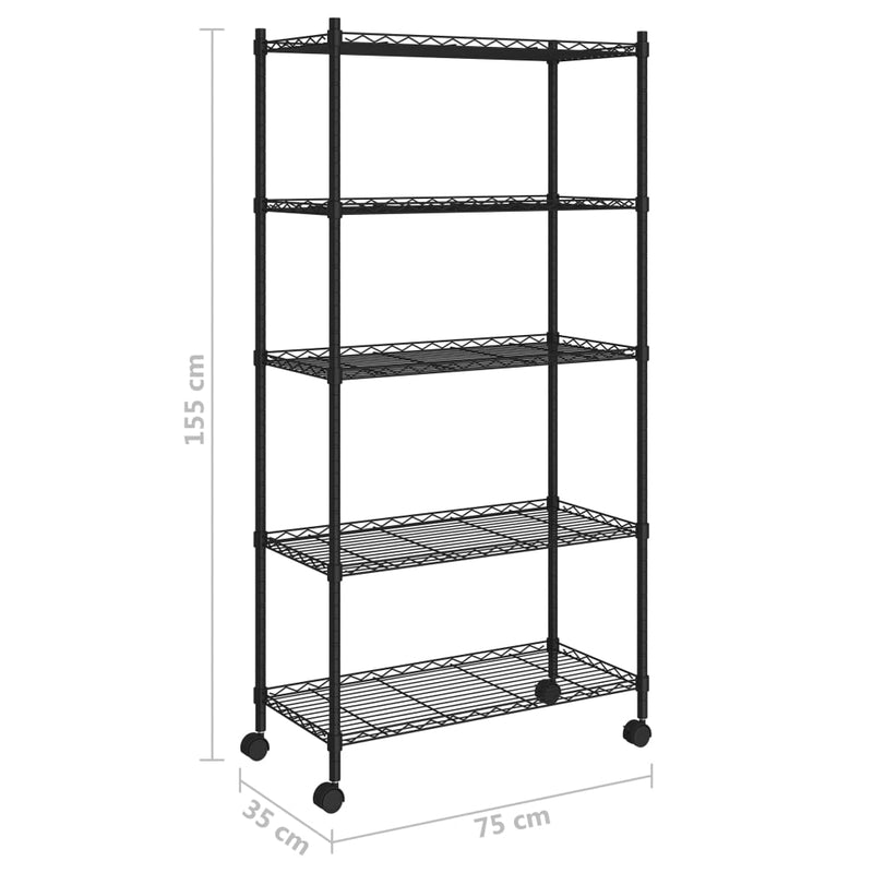 vidaXL 5-Tier Storage Shelf with Wheels 75x35x155 cm Black 250 kg
