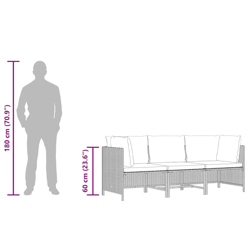 vidaXL 3-Seater Garden Sofa with Cushions Black Poly Rattan