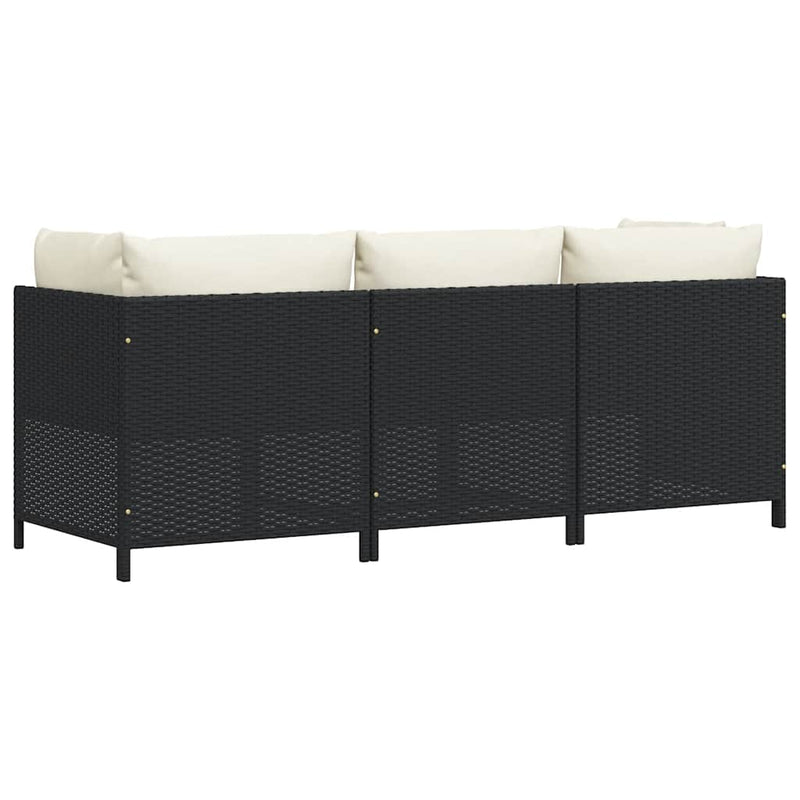 vidaXL 3-Seater Garden Sofa with Cushions Black Poly Rattan