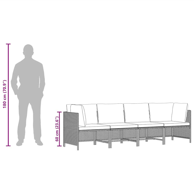 vidaXL 4-Seater Garden Sofa with Cushions Black Poly Rattan