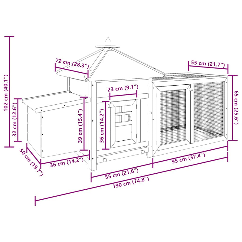 vidaXL Chicken Coop with Nest Box Grey 190x72x102 cm Solid Firwood