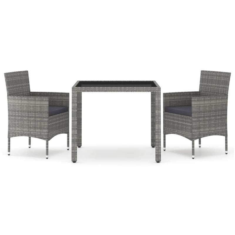 vidaXL 3 Piece Garden Dining Set Poly Rattan and Tempered Glass Grey