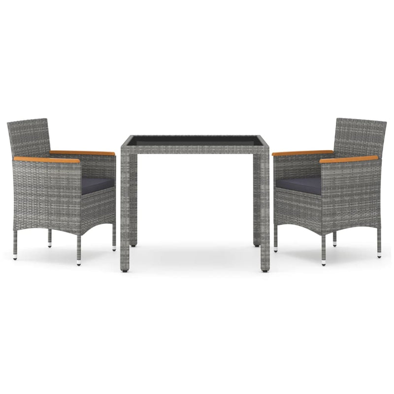 vidaXL 3 Piece Garden Dining Set Poly Rattan and Tempered Glass Grey