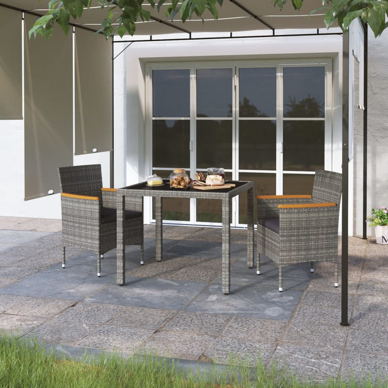 vidaXL 3 Piece Garden Dining Set Poly Rattan and Tempered Glass Grey