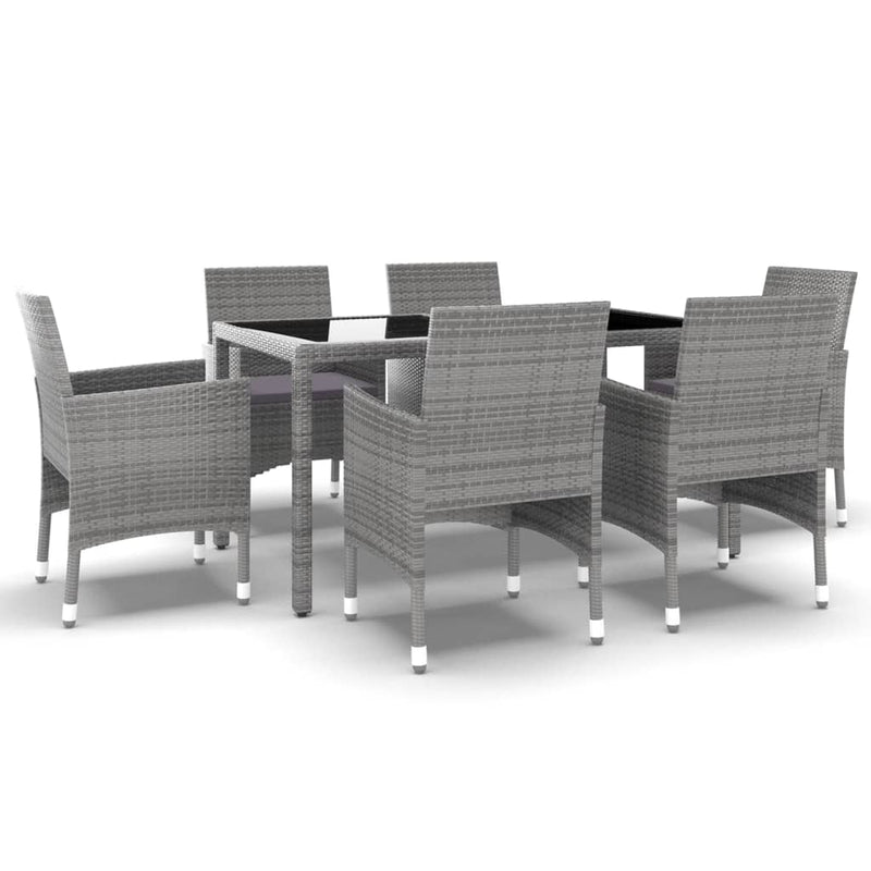 vidaXL 7 Piece Garden Dining Set Poly Rattan and Tempered Glass Grey