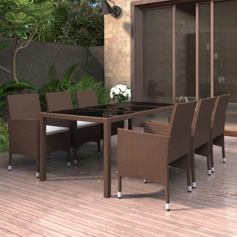 vidaXL 7 Piece Garden Dining Set Poly Rattan and Tempered Glass Brown