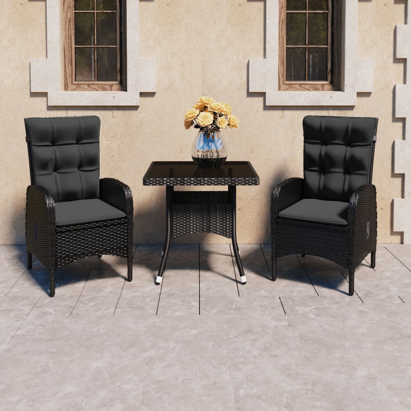 vidaXL 3 Piece Garden Dining Set Poly Rattan and Glass Black