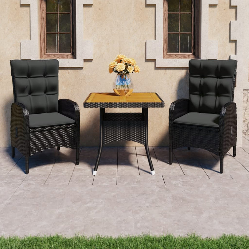 vidaXL 3 Piece Garden Dining Set Poly Rattan and Acacia Wood Black