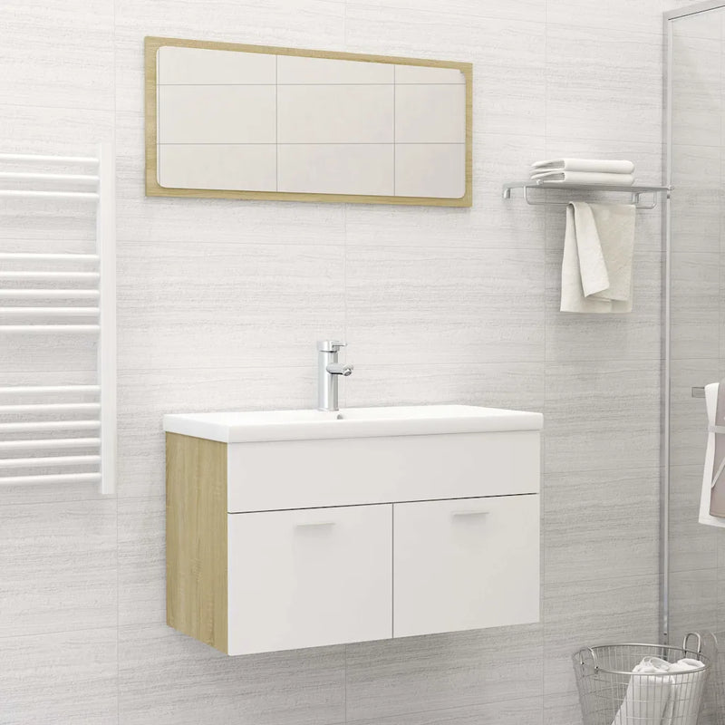 2 Piece Bathroom Furniture Set White and Sonoma Oak Engineered Wood