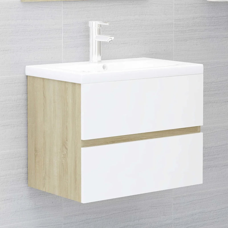 2 Piece Bathroom Furniture Set White and Sonoma Oak Engineered Wood