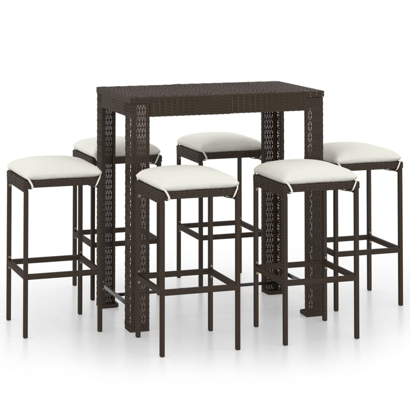 vidaXL 7 Piece Garden Bar Set with Cushions Poly Rattan Brown