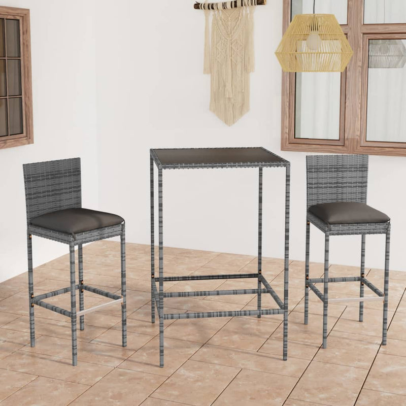 vidaXL 3 Piece Garden Bar Set with Cushions Poly Rattan Grey