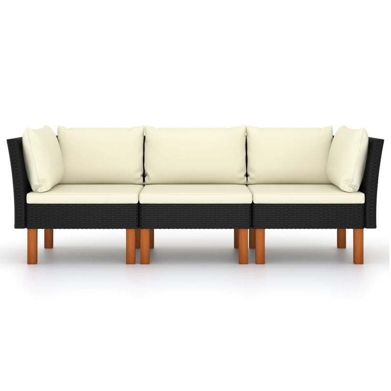 vidaXL 3-Seater Garden Sofa with Cushions Black Poly Rattan