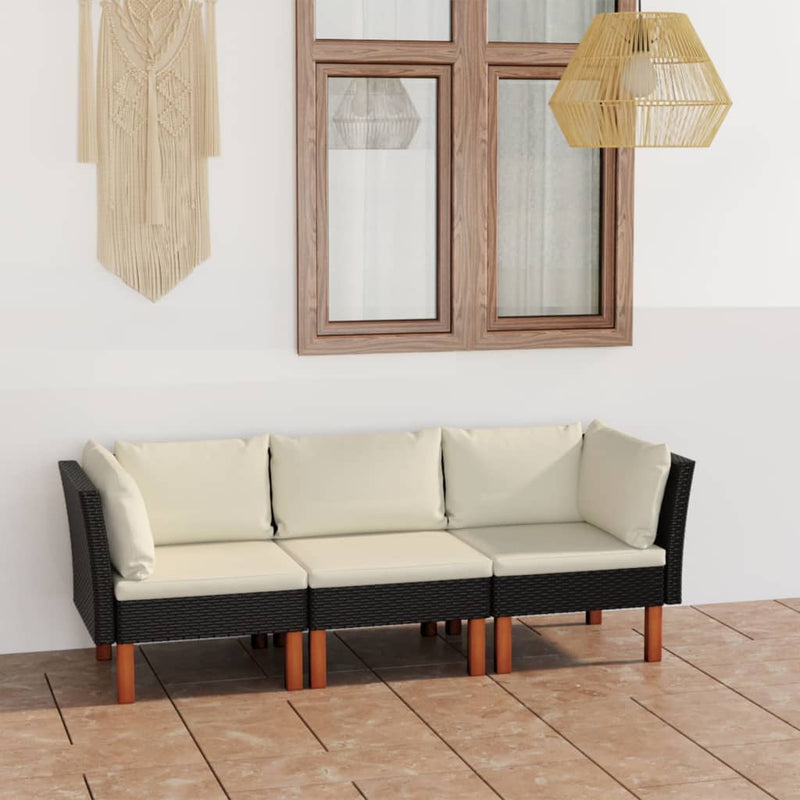 vidaXL 3-Seater Garden Sofa with Cushions Black Poly Rattan