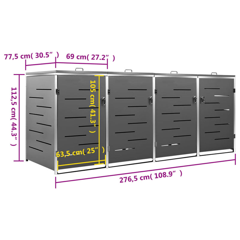 vidaXL Quadruple Wheelie Bin Shed 276.5x77.5x112.5 cm Stainless Steel