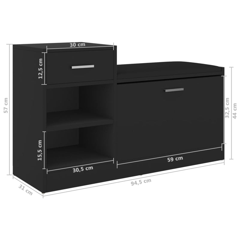 vidaXL Shoe Bench Black 94.5x31x57 cm Engineered Wood