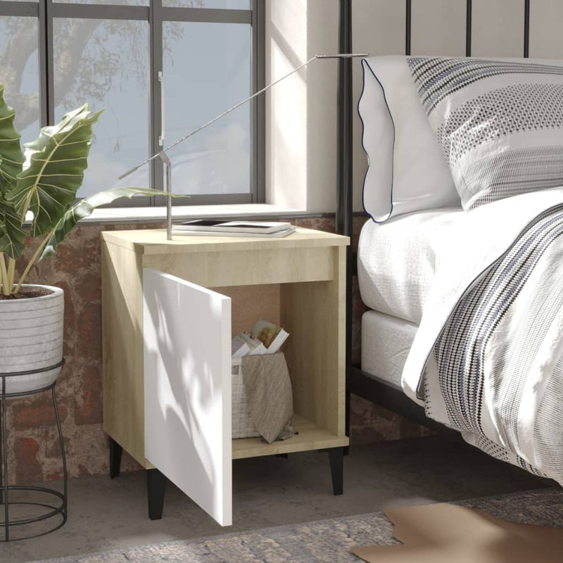 vidaXL Bed Cabinet Metal Legs Sonoma Oak and White