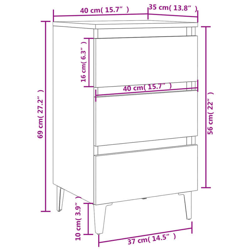vidaXL Bed Cabinet with Metal Legs 2 pcs White 40x35x69 cm